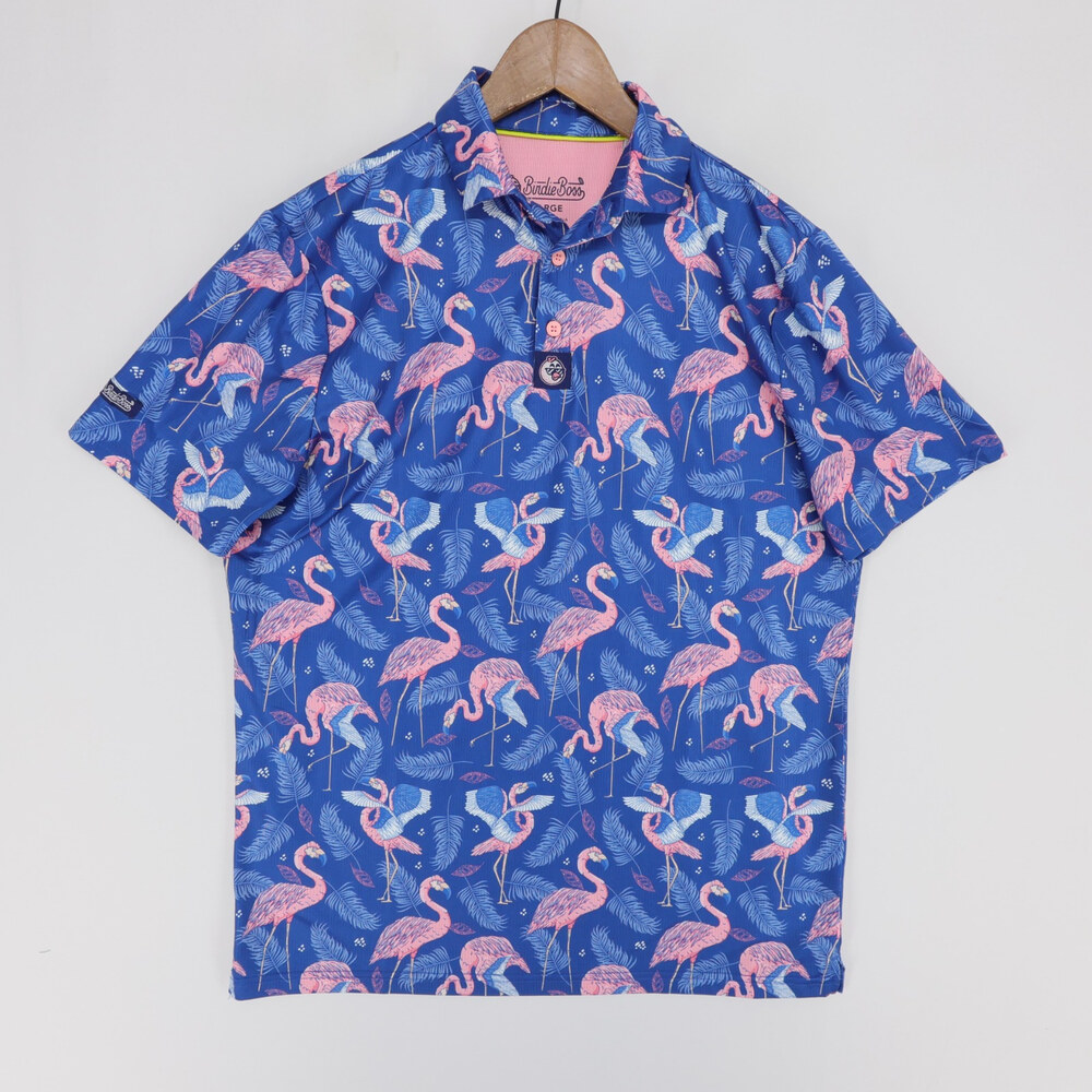 Birdie Boss Flamingo Fairway Polo Shirt Mens L Blue Print Short Sleeve Golf